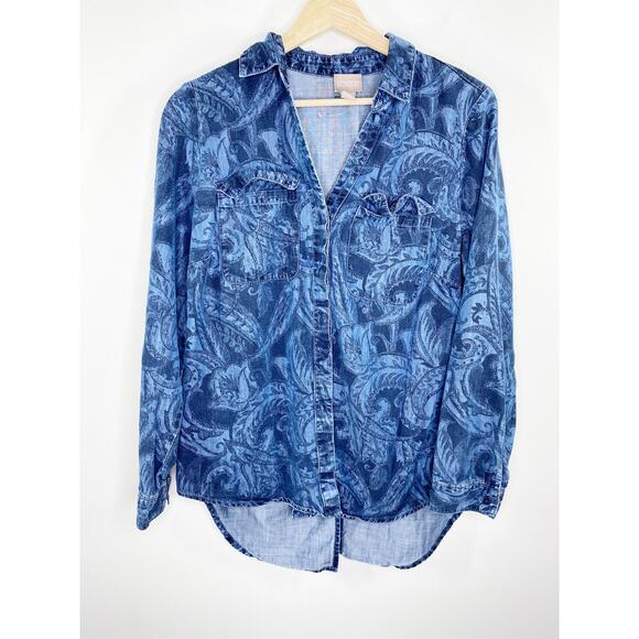 Chico's Blue Chambray Denim Printed Button Down Top Women's Size 0 Small S - Picture 1 of 9
